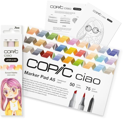 Copic Ciao LAYER & MIX Starter Set Sunset, Marker Set mit 3 verschiedenen Farben, Markerpapier und Zeichenvorlage zum abpausen, inkl. Kennenlern-Übungsblatt