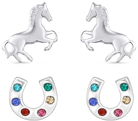 FIVE-D Ohrstecker Ohrringe Pferd Pony Galopp 925 Silber (Pferd-Hufeisen bunt)