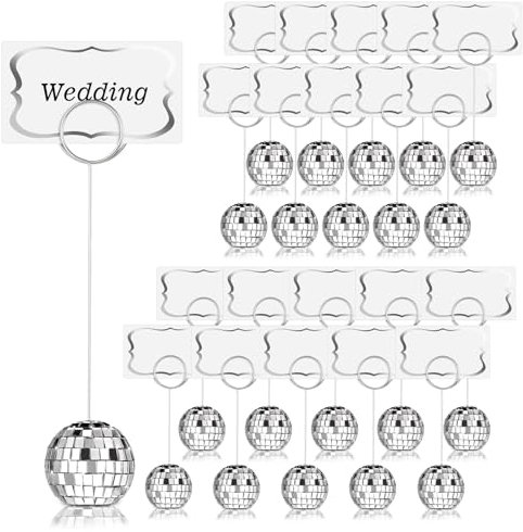 YLOLUL Silberne Disco-Tischnummernhalter für Hochzeiten, Partys & Events - 30 Stück, Acryl & Glas, Reflektierende Discokugeln, Hochzeitsempfang, Sitznummern