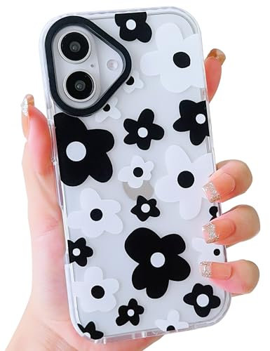 ECZOIL Compatible for iPhone 16 Case,Cute Clear Black and White Flower Cartoon for Women Girl Soft TPU Shockproof Anti-Yellow Protective Phone Case for iPhone 16-Black and White Flower