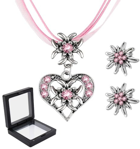 CPJJ 3 Stück Trachtenschmuck Set mit Vintage Herzanhänger und Edelweiß Ohrstecker für Damen in Rosa - Traditioneller Dirndl Schmuck