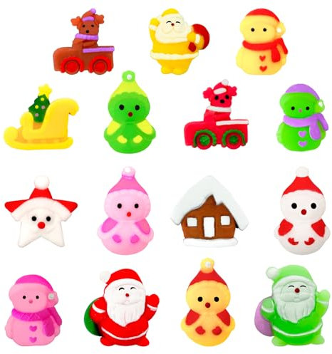 POPOYU 15P Weihnachten Mochi Squishy Spielzeug, Mini Kawaii Moji, Squeeze Soft Fidget Spielzeug Mit Santa Schneemann Haus für Party Taschen Füllstoffe Mädchen