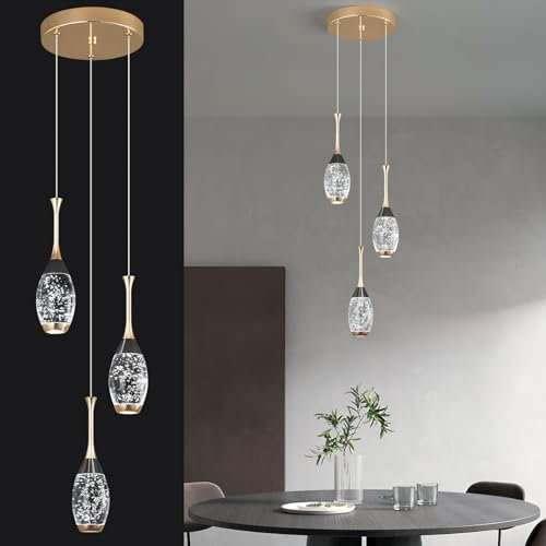 ZYBWL Moderne Schwarz-Gold-Hängeleuchte 3-Flammig LED-Deckenleuchten Mini Teardrop Kristall Pendelleuchte für Küche Insel Schlafzimmer Flur Eingang Hängelampe Höhenverstellbar