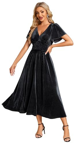 Ever-Pretty Women's Vintage Ruched Short Sleeve Cocktail Velvet Bridesmaid Wedding Guest Dress Dark Grey Blue 28UK