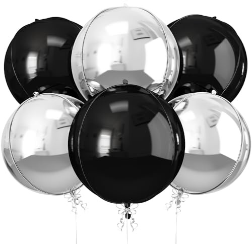 6Pcs Black Silver Round Foil Balloons, 22inch 4D Metallic Silver Black Balloons, Large Round Foil Ball Balloon for Birthday Graduation Christmas New Year Eve Disco Party Backdrop Decorations