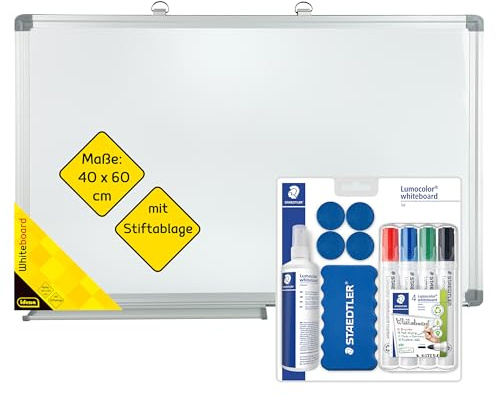 Idena 90884 - Whiteboard mit Stiftablage, ca. 60 x 40 cm, inkl. 4 STAEDTLER Whiteboard-Marker Lumocolor, Wischer, 250 ml Reinigungsspray & 4 Magnete