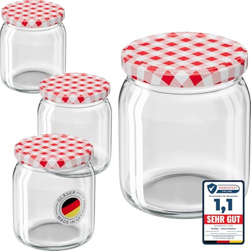 WELLGRO 50x Einmachgläser mit Schraubdeckel - 400ml - Deckel rot kariert To 82 - Made in Germany - Vorratsgläser mit Deckel, Gärglas, Dessertgläser