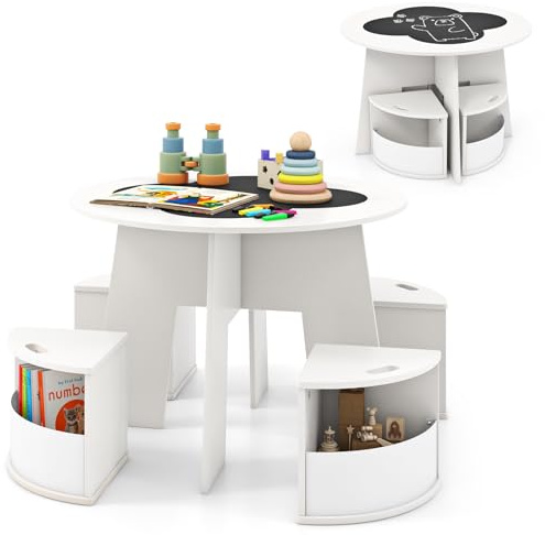 INFANS Kids Table and Chair Set, Wooden Flower Shaped Nesting Activity Desk with 4 Storage Stools Blackboard, Children Furniture for Art Crafts Drawing Writing (White)