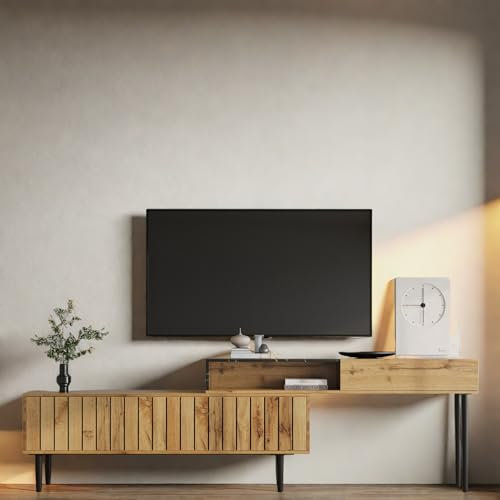RTYUSWL Meuble TV extensible de 129 à 200 cm, centre de divertissement moderne avec 2 tiroirs de rangement et compartiments ouverts, console multimédia en imitation marbre, consoles TV modernes