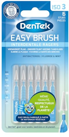 DenTek - 6 Interdentalbürsten Easy Brush ISO 3 – Größe 0,6 mm – mit Deckel – aus pflanzlichen Materialien – Zahnbürsten für Zähne