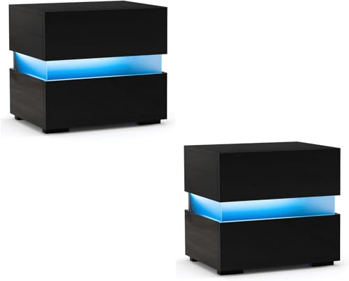 GIANTEX Table de Chevet Éclairage LED, Table de Nuit avec Télécommande, 22 Modes de Lumière, 5 Niveaux de Luminosité, 10 Vitesses, 2 Tiroirs Laqués, Panneaux Acryliques, pour Chambre, Salon (Noir,2)