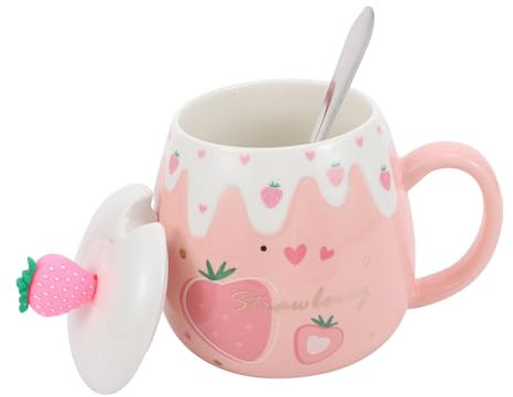 LABRIMP 1Set Tazza Fragola Cucchiaio Mug per Tè e Design Ufficio Rosa