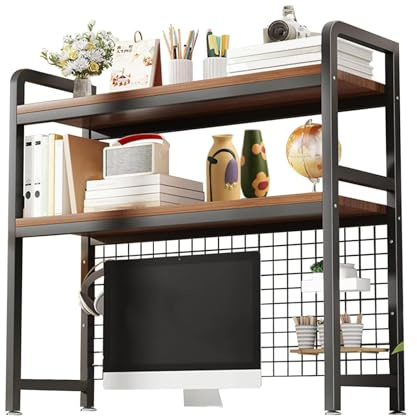 2 -Ebenen schreibtisch regalaufsatz，75CM/95cm/115cm/135cm Metall/Holz Mehrzweck-tischregal, schreibtisch organizer regal, Büro desktop bücherregal, book shelf for Zuhause und Büro (Schwarz, 95CM)