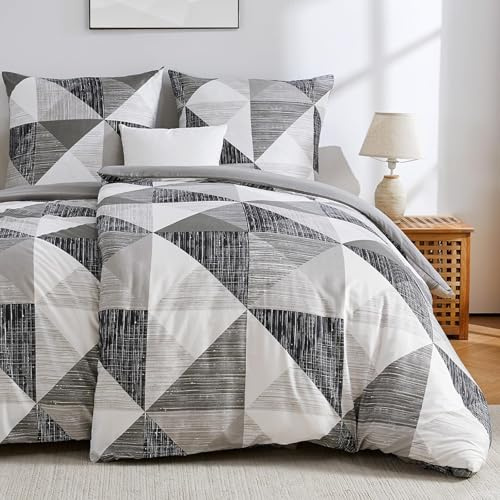 Qucover Bettwäsche155x220cm Grau, Kariert Bettwäsche 3teilig Sets mit 2 Kissenbezüge 80x80cm, Geometrische Bettbezug mit Reißverschluss (Grau, 155 x 220 cm)