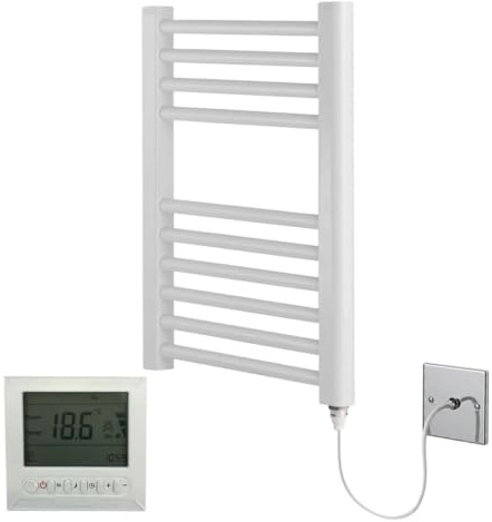 Greened House White Electric Towel Rail Straight 400mm W x 600mm H + Timer | Includes 7 Day Timer/Thermostat, Heated, Bathroom Radiator, Towel Warmer, Flat, Straight