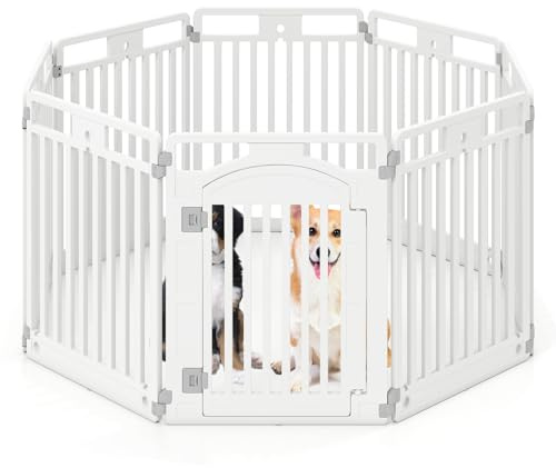 GOPLUS Parc pour Chien en Plastique Pliable 80cm, Enclos Chien, Chiens de Petite et Moyenne Taille, Barrière de Sécurité Modulable à 8 Panneaux avec Porte Verrouillable, Intérieur et Extérieur, Blanc