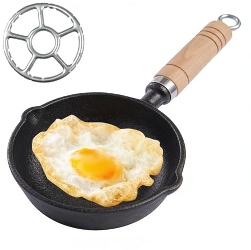 Gusspfanne Kleine Pfanne für Spiegeleier 11cm, Mini Bratpfanne Eierpfanne mit Griff, Tragbar Gusseiserne Pfanne, Klein Omelettpfanne Cast Iron Pan mit Doppeltem Tropfausguss, Gasherdbrennerständer
