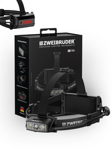 Zweibrüder ZB11H Stirnlampe 2500 Lumen, LED Kopflampe mit Rücklicht | Digital Focus, Rotlicht, Aluminiumgehäuse, IP66, Neigefunktion, USB-C aufladbar, Ideal für Outdoor, Wandern und Camping
