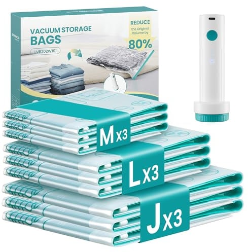 SONGMICS 9 Pack Vacuum Storage Bags, Electric Pump, 3M/3L/3J | Rechargeable Portabe, Space Saver Reusable, Clothes Bedding Comforters Travel, White, ISLAND Collection LVB202W101