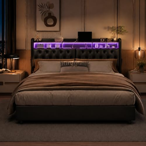 Polsterbett Doppelbett 180x200 cm, Hydraulisches Bett 180x200 mit Bettkasten und Lattenrost, Staufach-Kopfteil mit LED und USB Ladestation, Funktionsbett Rückenlehne Bett aus Massivholz und PU