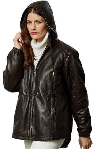 Jilani Collection - Damen Echtleder Lederjacke Lammnappa Kapuze Oversize dunkelbraun