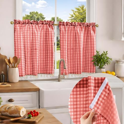 Jilron Lot de 2 rideaux de cuisine courts à carreaux avec franges, pour fenêtre de cuisine, sans perçage, rouges, H 61 x l 86 cm