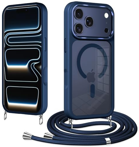 Pnakqil Handyband für iPhone 17 Pro Hülle mit Band, Magnetisch Handyhülle Kompatibel mit MagSafe, Kratzfeste PC Rückseite + TPU Bumper Stoßfest Schutzhülle mit Abnehmbar Kordel zum Umhängen Case,Blau