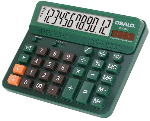 OSALO Taschenrechner groß XXL, große Tasten, Solar Tischrechner Grün | 12-stelliger XXL Tischtaschenrechner mit extra großem LCD-Display, Rechenmaschine Bürorechner für Buchhaltung mit Batterie