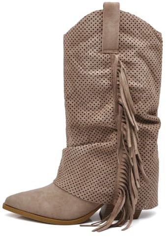 IF Stivaletti Texani Donna Arricciati con Effetto di Sovrapposizione, Decorazione Esterna Traforata, Frange e Tacco Medio G713 khaki N.39
