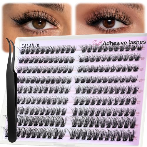 CALAILIS Selbstklebende Wimpern Extensions, 200+ Pcs D Curl Wimpern Selbstklebend ohne Kleber Natürliche Wispy Press on Lashes No Glue Needed Pre Kleber Wimperns Mit Pinzette (A14)