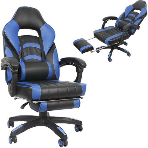 Mucola Gaming Stuhl Bürostuhl Schreibtischstuhl Racing 150 kg belastbar | Gamingstuhl Gaming Chair 140° neigbar Wippfunktion höhenverstellbar | PC Stuhl Drehstuhl mit Lordosenstütze Blau/Schwarz