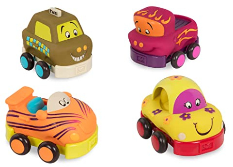 B. toys Wheeee-Ls! – Rückziehfahrzeuge mit Geräuschen | 4-teiliges Set mit Auto, Pickup, Rennwagen und Taxi; klassisches Fahrzeugspielzeug mit Rückziehfunktion; 1+ Jahre