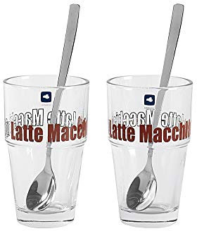 Leonardo Solo Kaffee Gläser 2er Set, Glas-Becher mit Latte-Macchiato Aufdruck inklusive Löffel, spülmaschinengeeignet, 4 teilig, 410 ml 042555