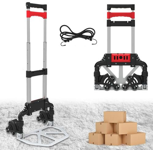 Carretilla plegable de aluminio ultra resistente – 6 ruedas giratorias por 3 – Carro ligero de 3 kg, ultra compacto, mango telescópico, tensores, elásticos con gancho, carga máxima: 60 kg