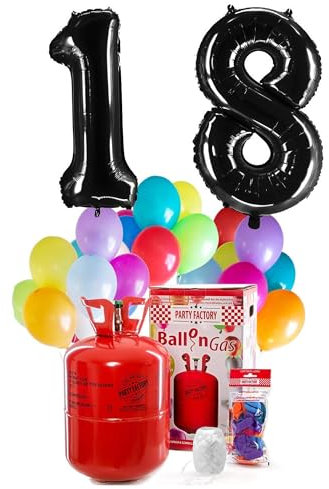 PARTY FACTORY Helium Geburtstags-Komplettset 18 - mit XXL Zahlenballons, 0,4m³ Ballongas, Ballonschnur & 30 bunten Latexballons - für Geburtstag, Jubiläum, Jahrestag in versch. Farben (Schwarz)