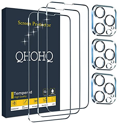 QHOHQ 3 Piezas Protector de Pantalla para iPhone 13 Pro Max 6.7 con 3 Piezas Protector de Lente de Cámara, Ultra Resistent HD Cristal Templado Membrana,9H Dureza, Anti-Arañazos, Fácil Instalación