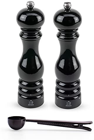 Peugeot Paris u'Select Salz- und Pfeffermühle, Geschenkset, schwarzer Lack – mit Edelstahl-Gewürzschaufel/Beutelclip (21,4 cm)