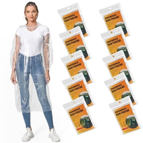 MOKANI Disposable Rain poncho for Adults, 10 PCS Waterproof Ponchos | Emergency Raincoat for Men and Women with Drawstring Hood, Transparent Lightweight Poncho for Camping, Hiking, Climbing