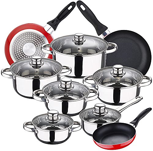 Bateria de cocina 12 piezas SAN IGNACIO Cassel, acero inoxidable, con juego sartenes (16/20/24 cm) SAN IGNACIO Navy Red en aluminio prensado