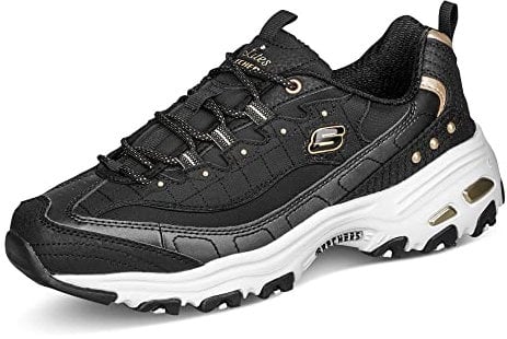 Skechers Damen D'Lites Ladies Night Sneaker, Black Duraleather Gold Trim, 41 EU