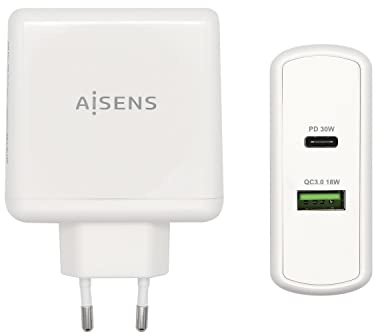 AISENS - ASCH-2PD30QC-W - Ladegerät PD 3.0, 30 W, 1XUSB-C, QC3.0, 18 W, 1 x USB-A, 48 W, Weiß