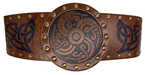 Thajaling Brauner mittelalterlicher Ledergürtel, Wikinger-Kompass-geprägter Gürtel, nordischer keltischer Rittergürtel, breiter Vintage-Ledergürtel für Cosplay