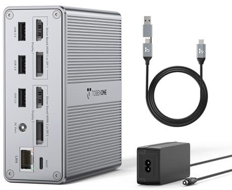 DisplayLink Docking Station Dual Monitor 4K@60HZ for MacBook, Windows, TobenONE Universal Mac mini M4 Dock with 2 HDMI & 2 DP, 65W Power Delivery, 7 USB, USB-C 3.1, Ethernet, SD/TF