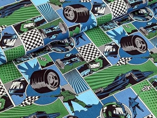 Baumwollstoff Racing Rennbahn Grün Auto Rennflagge Stoff Meterware