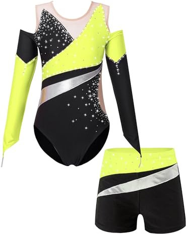 iEFiEL Mädchen Glitzer Turnanzug Mit Strass Leotard Gymnastikanzug Langarm Ballett Trikotanzug Tanzkostüm Set Sportlich Shorts Kruz Gelb 134-140