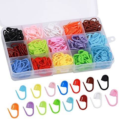 Benlay 300 Stück Stichnadelclip, 15 Farben Kunststoff Verriegelungsstichnadelclip Mit Durchsichtiger Aufbewahrungsbox Häkelstichmarker Zum Häkeln Und Stricken DIY Handwerk Buckle Marker