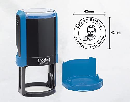 Trodat Stempel Personalisiert Rund mit Text und Logo – Printy 4642 zum Wunschtext Eingeben, Grafik Hochladen und direkt hier Bestellen, Durchmesser 42 mm, Gehäusefarbe Himmelblau