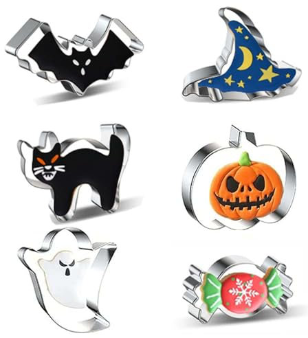 Ausstecher Halloween, 6 Stück Keksausstecher aus Edelstahl Fledermaus, Kürbis, Spinne, Besen, Geist, Totenkopf, Halloween-Ausstechformen, Halloween-Ausstechformen-Set