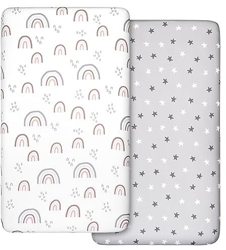 2 Stück Jersey Spannbetttuch für das Kinderbett, 100% Mikrofaser- Atmungsaktiv, 120 x 60cm Öko-text100 Gemütliche und leichte Baby Bassinet Laken, Passend für alle Matratzenformen(Regenbogen)