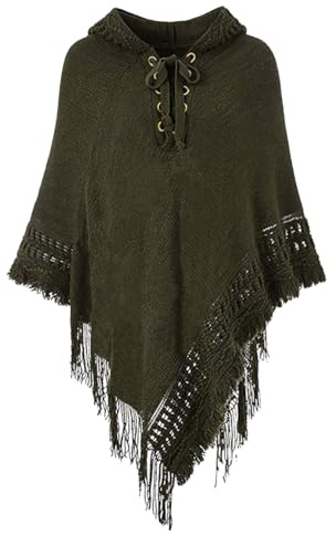 Rayson Poncho Damen Elegant Warm Winter mit Kapuze Solid Color Strick Ponchos Capes für Damen mit Fringes Poncho Schal Damen Gestrickt Verstellbarer Kragen(Grün,One Size)